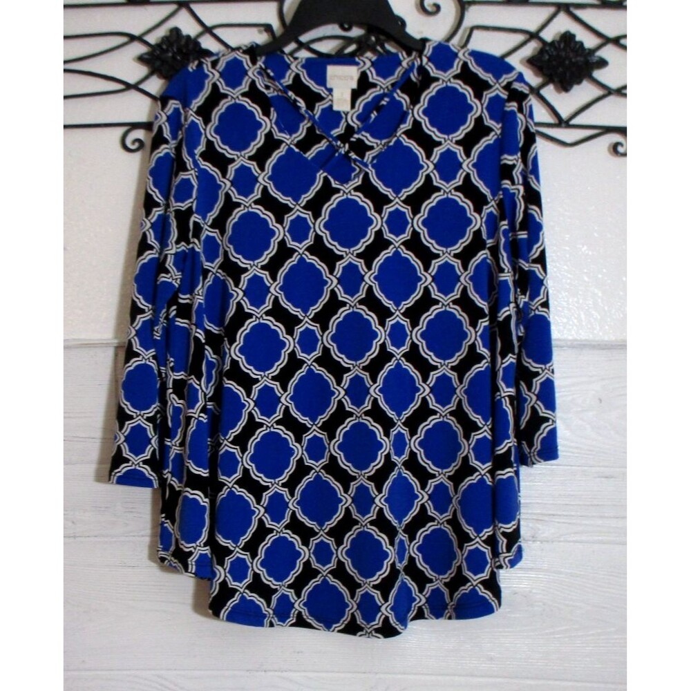 Chico's Women's Knit Top Size 1 US M Multicolor Geometric Long Sleeve V Neck